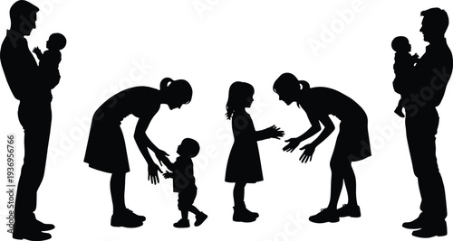 Family parenting silhouette set with parents and children interaction, mother and father caring for kids, happy family moments vector illustration isolated on white