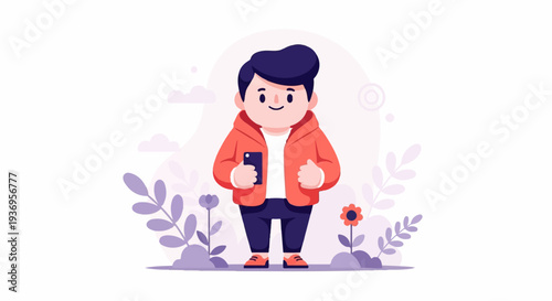 A cheerful, stylized child in a red jacket and blue pants holds a smartphone