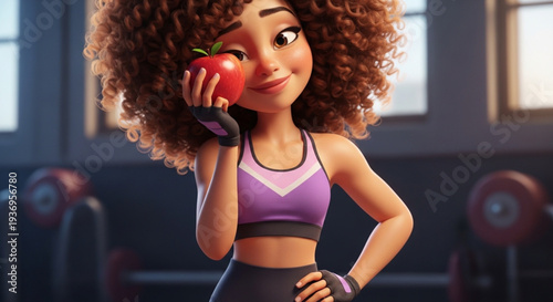 A young, athletic woman with curly afro hair, wearing a stylish gym outfit (top and high-waisted leggings), smiles warmly while holding a red apple close to her face.