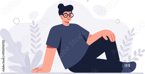 Stylized flat illustration of a person with dark hair and glasses sitting down