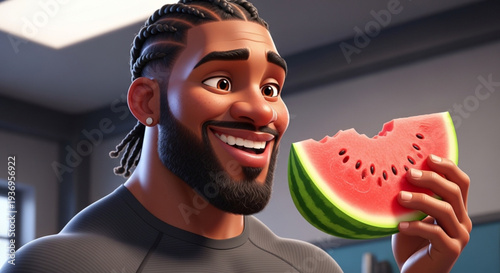 Athletic Black man with braided hair and trimmed beard, wearing a compression gym shirt, smiling while holding a slice of watermelon.