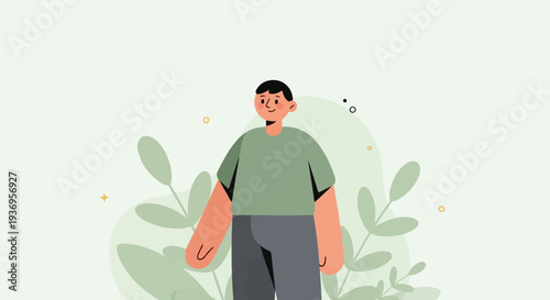 A stylized person stands amidst soft, green botanical shapes on a pale background