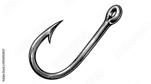 Fishing hook sharp barb vector engraving style on white isolated background for tackle shop label packaging design