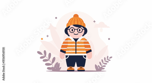 Whimsical character in warm attire, surrounded by soft foliage and subtle cosmic elements