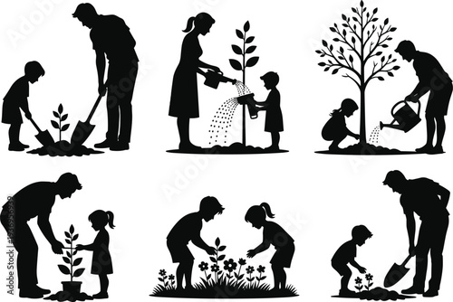 Family gardening silhouette set, parents and children planting trees and watering plants, nature care activity, eco lifestyle vector illustration isolated on white background
