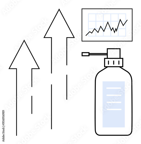 Hygiene, sanitization, health awareness, business growth, personal care, cleaning trends. Growth chart with arrows and a sanitizer bottle. Hygiene and health awareness concept