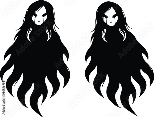 Ghost woman silhouette set with long hair, spooky female spirit characters, horror phantom illustration collection, Halloween scary ghost vector isolated on white background