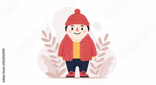 A cheerful, plump cartoon child dressed in red winter attire stands amidst soft, abstract floral shapes
