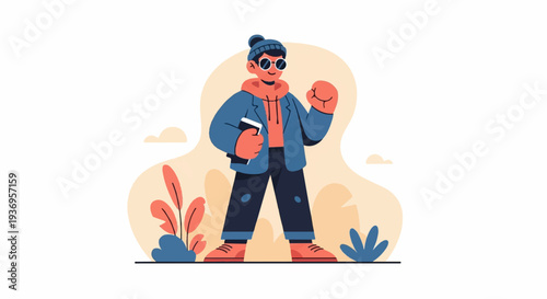 A person in casual wear with a book, standing outdoors with plants and clouds