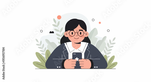 A cheerful, bespectacled person in a suit holds a smartphone, surrounded by stylized leaves and dots