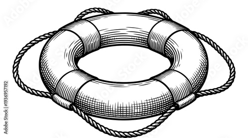Lifebuoy with rope coil vector engraving style on white isolated background for maritime safety sign icon design