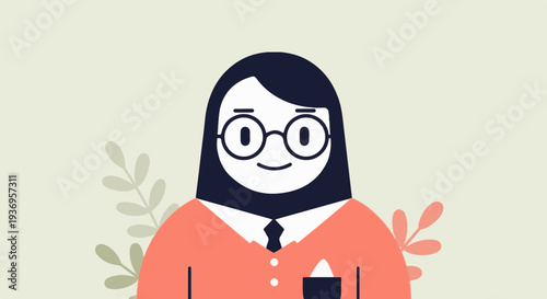 Cheerful character with glasses and coral top, surrounded by pastel foliage