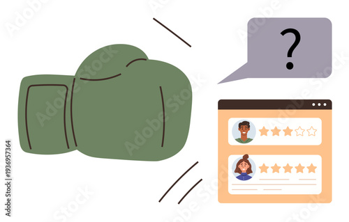 Social media criticism, online reputation management, business reviews, conflict resolution, internet disputes, feedback culture. Boxing glove hitting a review panel with a speech bubble. Online