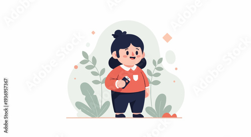 Stylized illustration of a cheerful child in a coral sweater, holding a smartphone amidst abstract plants