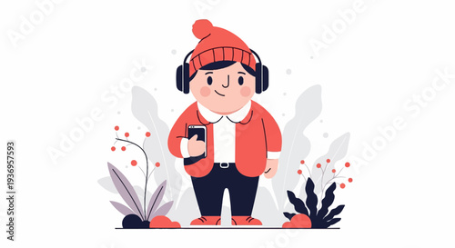 A person in a red hat and jacket listens to music on headphones with a phone