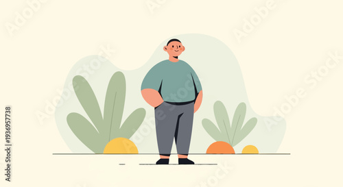 A cheerful, chubby individual with hands in pockets stands amidst stylized greenery and semicircles