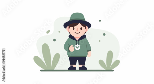 A smiling child in a green hat and hoodie, giving a thumbs up