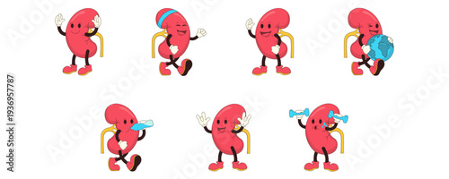 Kidney character illustration for world kidney day. Fitness, exercising, hidration kidney character vector isolated