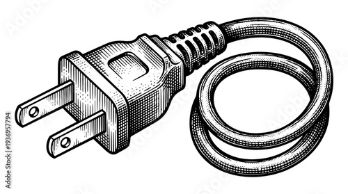Power plug cable vector engraving style on white isolated background for electrical service banner design