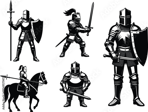 Medieval knight silhouette set with swords, shields and armor, warrior characters collection, fantasy knight illustrations, black armored soldier vector isolated on white background