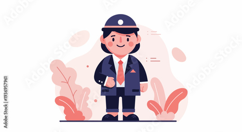 A stylized cartoon character in a suit and cap, standing amidst abstract floral shapes
