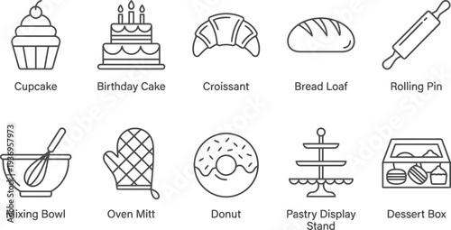 Set of ten black and white line art icons depicting various bakery items and baking tools.