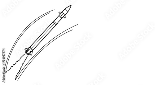 A detailed black and white illustration of a rocket or missile launching with exhaust trails, curving upwards in a dynamic trajectory.