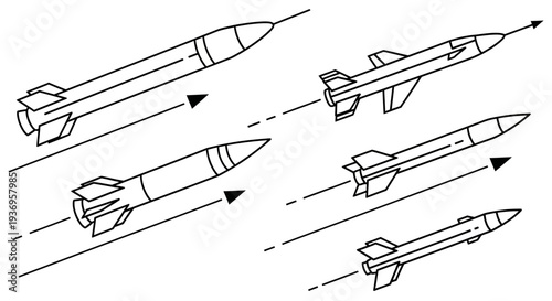 Line art illustration of various types of missiles and rockets in flight, showing their trajectories.
