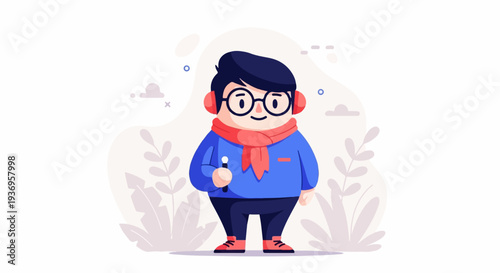 A chubby cartoon character wearing glasses, red headphones, and a scarf, holding a pen