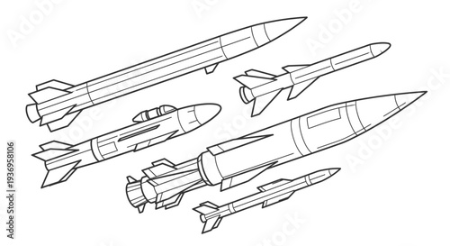 Line art illustration of various missiles and rockets, showcasing different designs and sizes for military or space applications.