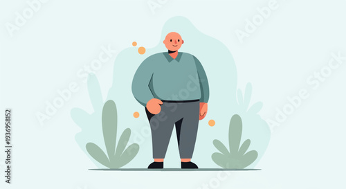 A bald man in casual clothes stands between two stylized plants