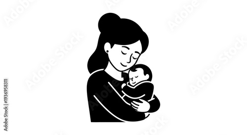 Minimalist vector silhouette illustration of a loving mother gently cradling her newborn infant, symbolizing maternal bond