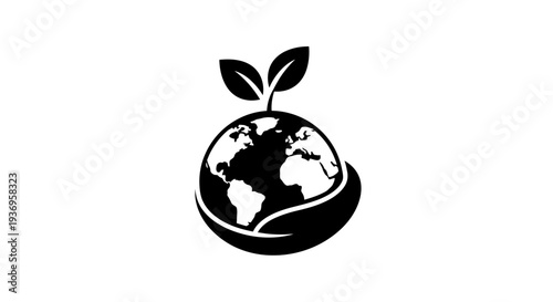 Symbolic Black and White Illustration of a Globe with Growing Leaves and Caring Hands
