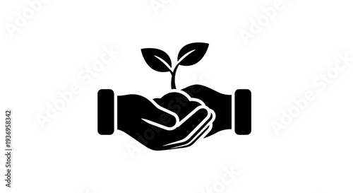 Vector illustration of hands nurturing a young plant, symbolizing growth and environmental care