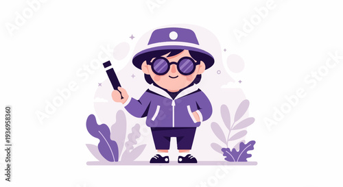A cute cartoon child in a purple bucket hat and sunglasses, holding a stick