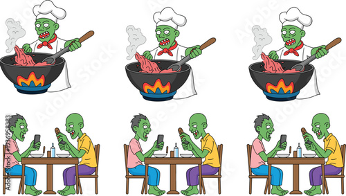 Cartoon illustration of zombie chef cooking meat and zombies dining at table, representing humorous Halloween design, spooky entertainment, and imaginative character lifestyle artwork