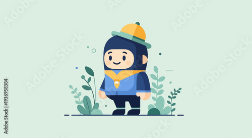 Cheerful cartoon character wearing a hat and blue outfit amidst abstract foliage