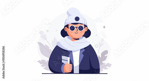 Stylized portrait of a person in winter attire, holding a book, with abstract foliage