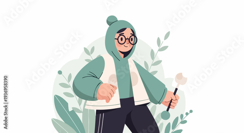 Cheerful person in a green hoodie and glasses holds a staff amidst lush foliage