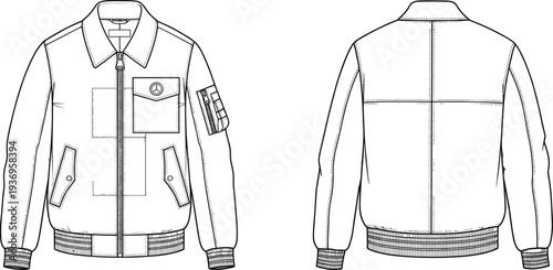 Men bomber jacket fashion technical drawing with zipper front utility pockets ribbed cuffs and hem front and back view