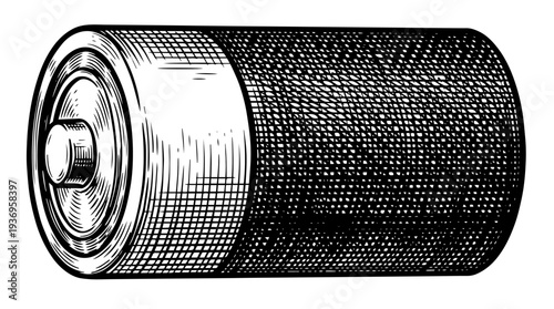Cylindrical battery power cell vector engraving style on white isolated background for electronics product label design