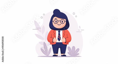 A stylized, rounded figure in a red jacket and blue suit with a striped tie and glasses