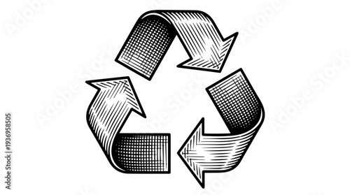 Recycling symbol three arrows vector engraving style on white isolated background for eco packaging label design