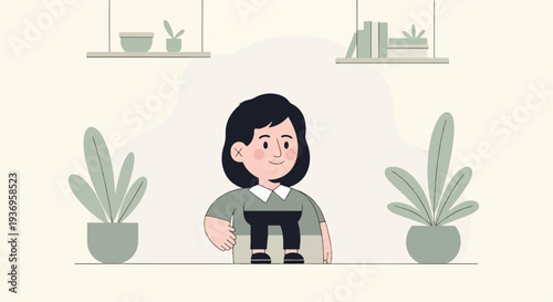 A minimalist illustration features a seated character with dark hair, flanked by potted plants and shelves with decor