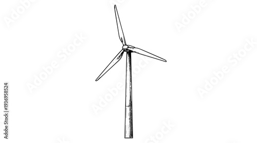 Wind turbine tower blades vector engraving style on white isolated background for renewable energy poster design