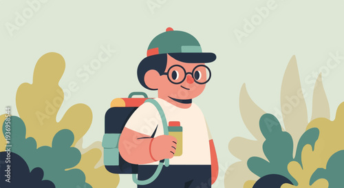 A stylized child wearing glasses and a backpack, holding a water bottle