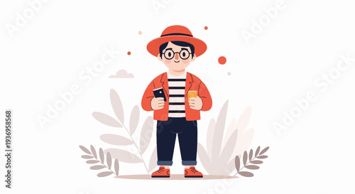 Animated person in stylish clothing holding devices and a drink, with foliage