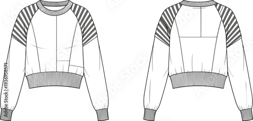 Women cropped sweatshirt fashion technical drawing with raglan sleeves striped shoulder panels ribbed cuffs and hem front and back view