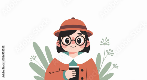 Illustrated person with hat and coffee cup, surrounded by foliage, in flat design style