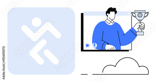 Person holding trophy visible in video chat screen, paired with abstract icon symbolizing movement. Ideal for leadership, success, virtual events, recognition, motivation, technology, sports
